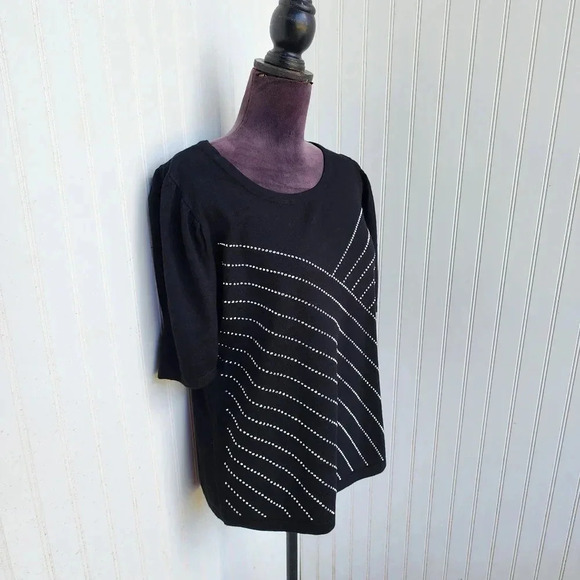 Madison Paris 3/4 Sleeve Crew Neck Sweater Knit Top Studded Rhinestones Black XL - Picture 2 of 10